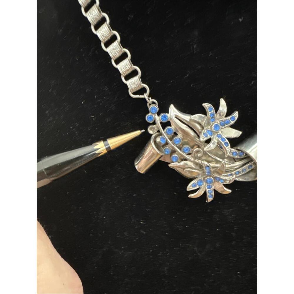 VTG 1960s Statement Flower Necklace Blue Rhinestone Silver Bold Retro MCM 16” - Picture 3 of 6